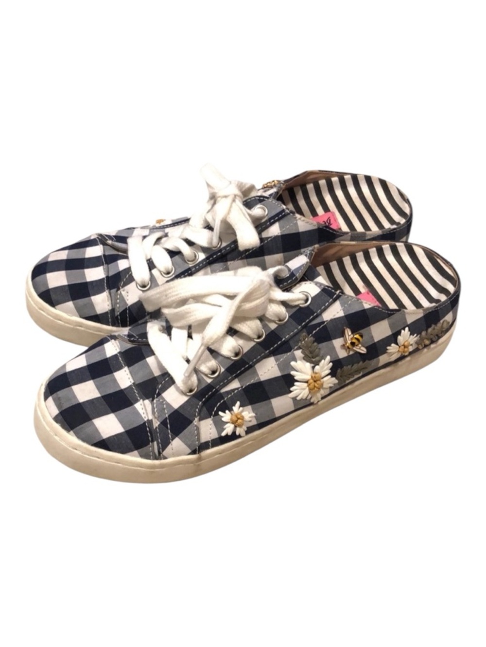 BETSEY JOHNSON PLAID SLIDE LACE SNEAKERS WITH DAISIES AND BEES BLUE WHITE SIZE 6